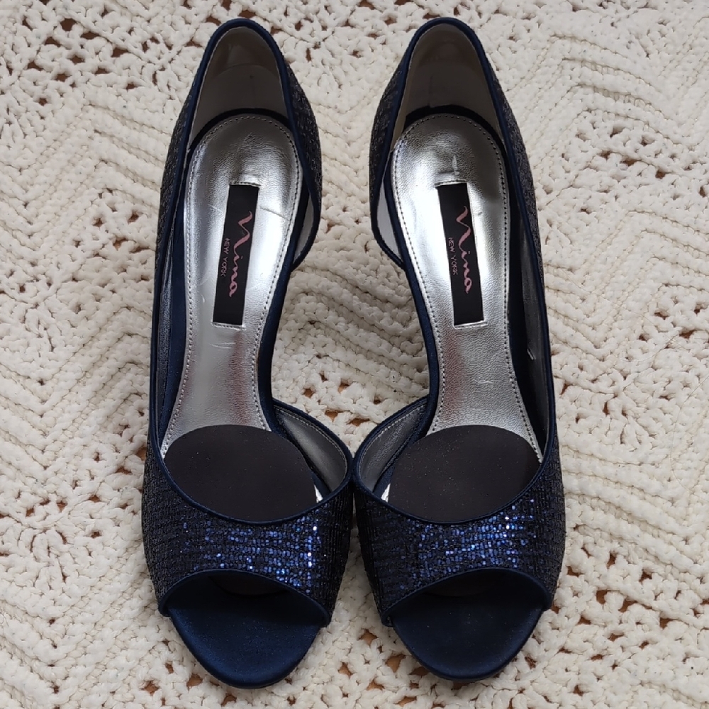 Nina Women's Sparkling Navy Peep Toe Heels